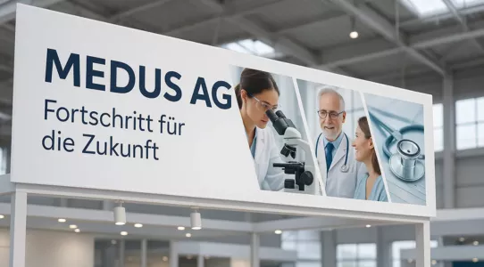 Großer Werbebanner an einem Gebäude.