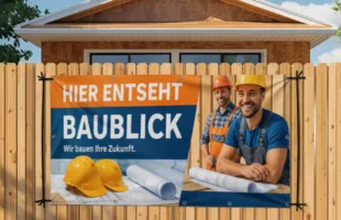 Werbebanner auf einer Baustelle für ein Handwerksunternehmen